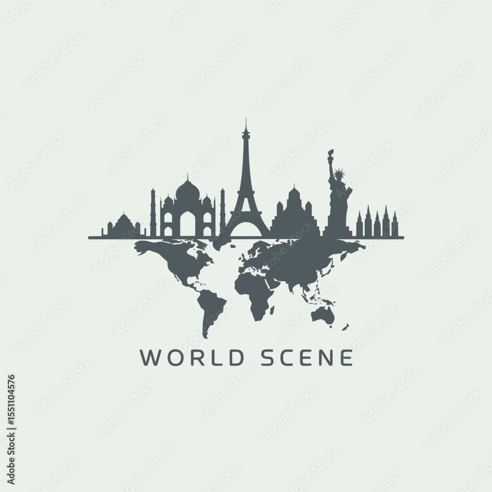 Fototapeta premium Gray Silhouette World Landmarks Skyline on World Map Background Global Travel Tourism Concept Illustration