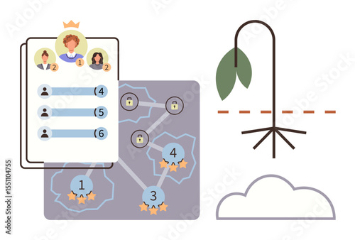 Ranked profile cards symbolize competition, gamification map shows progression, and drooping plant represents failure or setbacks. Ideal for leadership, competition, motivation, teamwork, growth