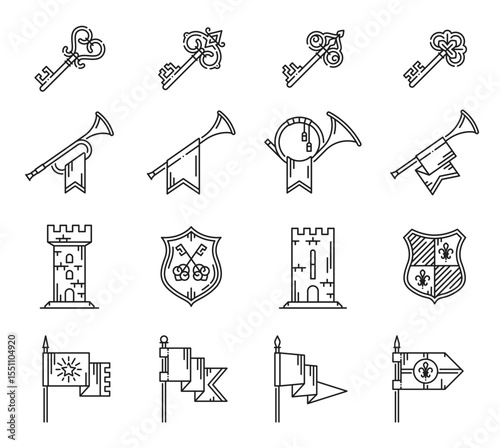 Heraldry line icons, horns and castle keys, fortress and pennant flags. Medieval royal heraldic shields, heraldry crests and coat of arms with vector line icons of flag, castle tower, horn and key