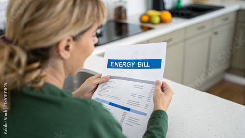 Free Download Cost of living inflation. Woman holding energy bill kitchen costoflivingincrease financial stress utility home adult female modern ,rising prices,financial pressure,economic crisis - GFXLoad