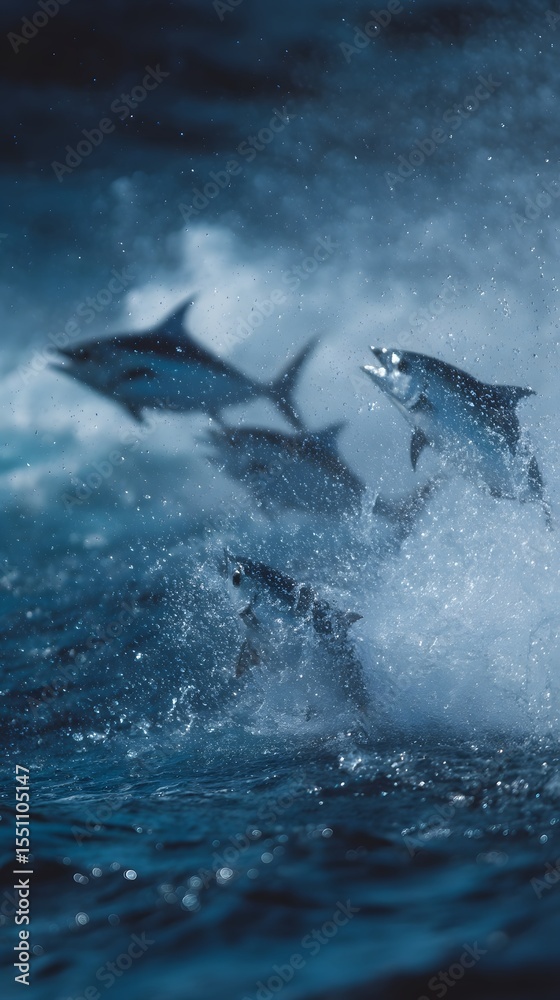 Naklejka premium A group of flying fish leaping above the ocean surface