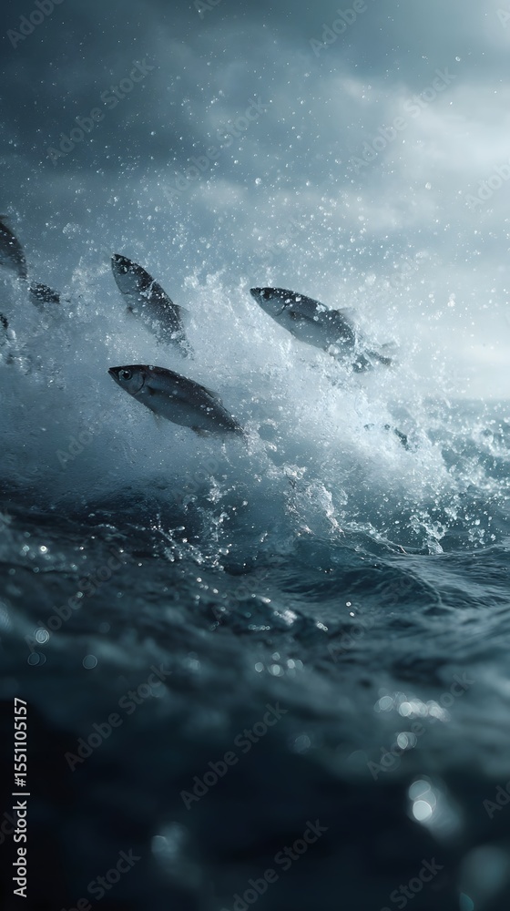 Naklejka premium Flying fish leaping above the turbulent ocean surface