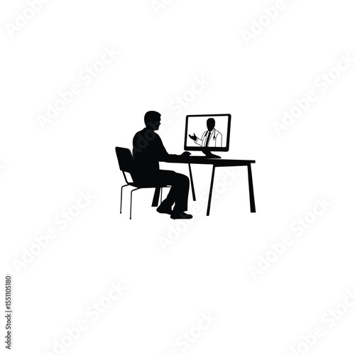 Silhouette of a patient consulting a doctor through a telehealth app on white background