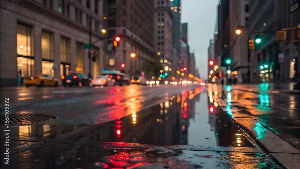 Fototapeta premium Rainy city street reflected in a puddle — glowing traffic lights and blurred motion