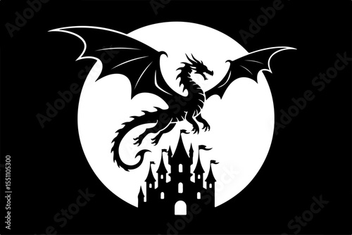 "Dragon Silhouette with Wings Spread – Premium Black and White AI Vector"

