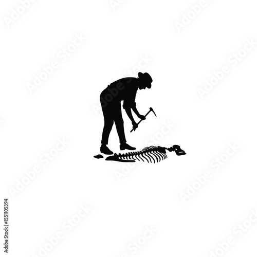 Silhouette of a paleontologist digging for dinosaur bones on white background
