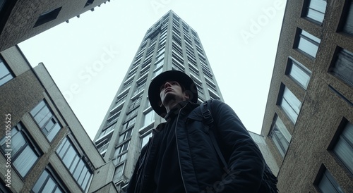 Low-Angle Mysterious Figure Among Skyscrapers: Gloomy Urban Silhouette for Suspense Film Concept & City Adventure Theme