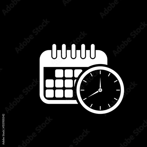 Reservation icon. Calendar and clock icon isolated on black background