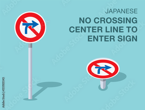 Traffic regulation rules. Isolated japanese "no crossing center line to enter" road sign. Front and top view. Flat vector illustration template.