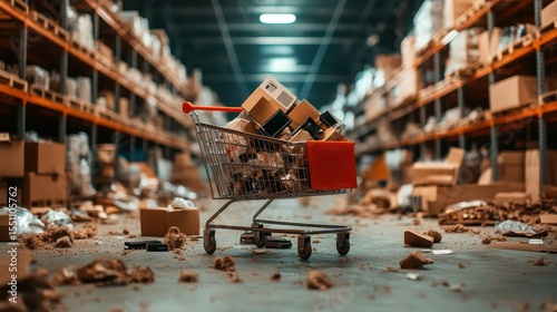 An image of a shopping cart overtaken by boxes and debris in a chaotic warehouse setting, illustrating the hectic nature of inventory management and consumerism.