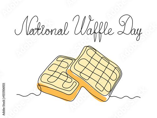 National waffle day.Abstract Viennese waffles, dessert for breakfast, continuous single one line art hand drawing sketch logo
