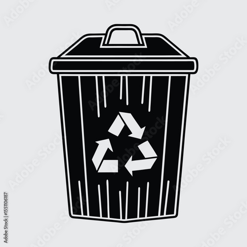 A black and white illustration of a recycling bin with a recycling symbol, promoting environmental awareness and responsible waste management.