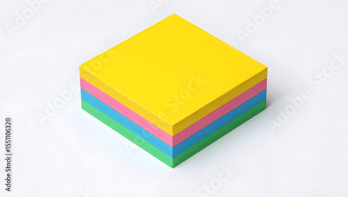 A stack of colorful sticky notes in yellow, pink, blue, and green sits neatly on a white background, ready for notes and reminders