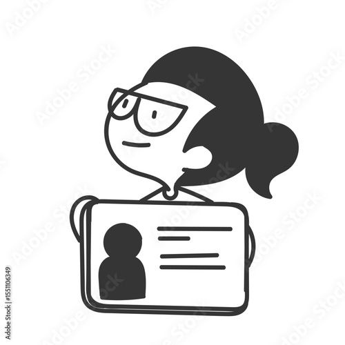 cute girl with glasses holding big id card in cartoon doodle