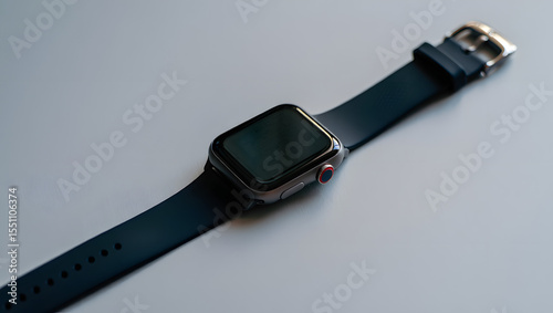 A sleek black smartwatch with a dark screen rests on a gray surface, showcasing its modern and minimalist design