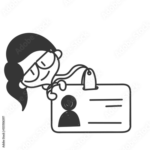 cute girl with glasses holding big id card in cartoon doodle