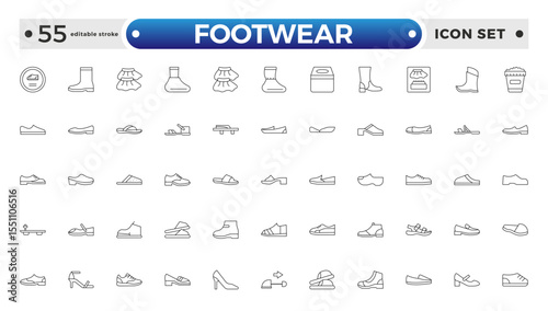 Footwear Outline Icon Set – Sneaker, Running Shoes, Casual and Athletic Styles. Editable stroke outline icon. 
