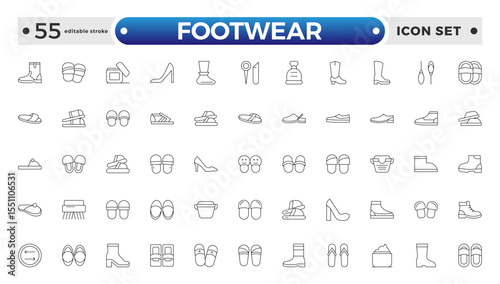 Footwear Outline Icon Set – Sneaker, Running Shoes, Casual and Athletic Styles. Editable stroke outline icon. 
