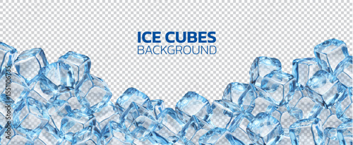 Ice cubes background, crystal blocks frame. Realistic Isolated 3d vector border with blue transparent frozen clear water pieces and glaciers. Template for cold beverages and summer drinks backdrop