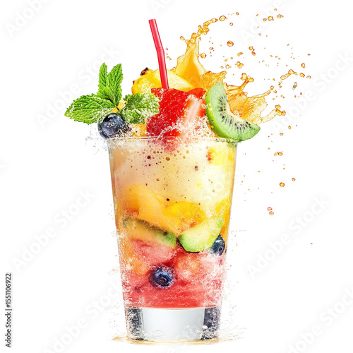 Refreshing fruit smoothie with strawberry kiwi blueberry and mango on a black background with splash on transparent background