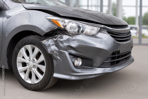 Front view of a gray car with significant damage to its left front side including a crumpled fender and a dented hood