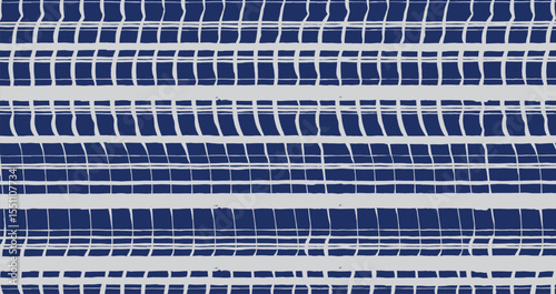 Hand drawn distorted brush lines abstract distressed plaid pattern in white and blue, Japanese and ethnic handcrafted intersecting stripes grid background, simple modern graphic for textile, carpet
