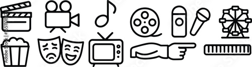 Black Vector Silhouettes of Entertainment Icons on White Background – Cinema, Music, Theater, and Fun Symbols Collection