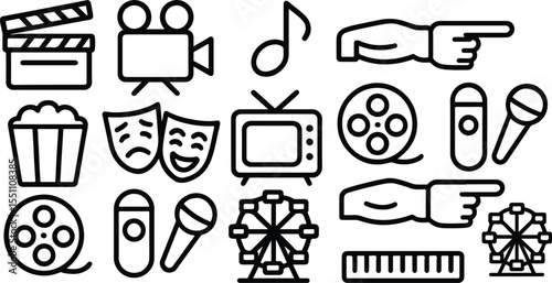 Black Vector Silhouettes of Entertainment Icons on White Background – Cinema, Music, Theater, and Fun Symbols Collection