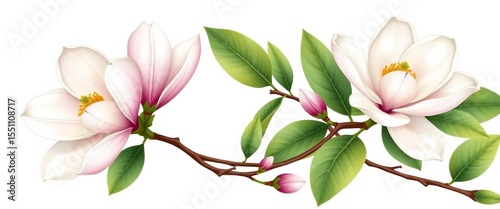 Elegant hand-drawn magnolia flower, branch & leaves; rustic botanical wedding design, save the dates, leaves