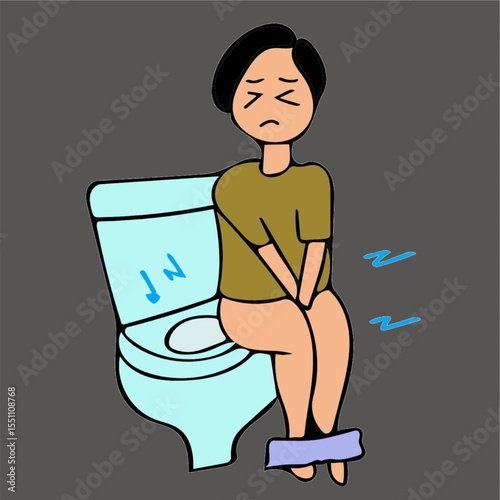cartoon character suffering from constipation in toilet bathroom western european closet.eps