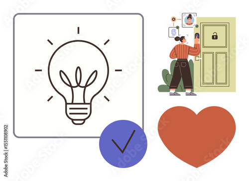 Light bulb design emphasizes ideas. Woman uses smartphone to unlock door showcasing secure access, surrounded by elements of trust and connection. Ideal for technology, security, home automation