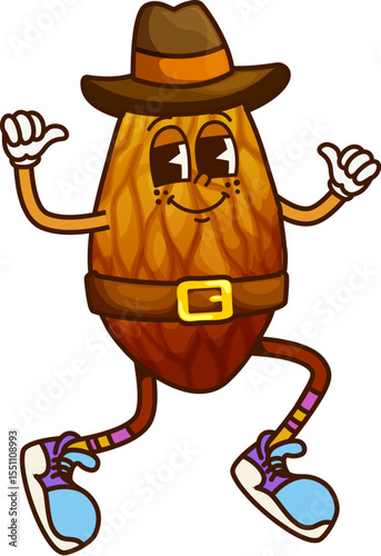 Cartoon groovy almond nut sheriff or cowboy ranger and bandit, vector character. Funny groovy almond in cowboy hat as Wild West sheriff or Western ranger and nut bandit character with thumb up gesture