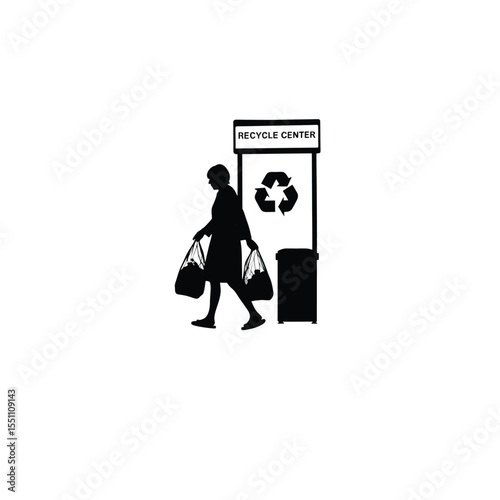 Silhouette of a person carrying a bag of recyclables to a collection center on white background