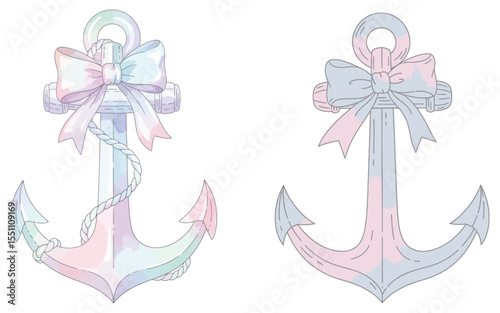 Vector illustration of, Cute Nautical Anchors with Bows - Gentle Marine Illustration