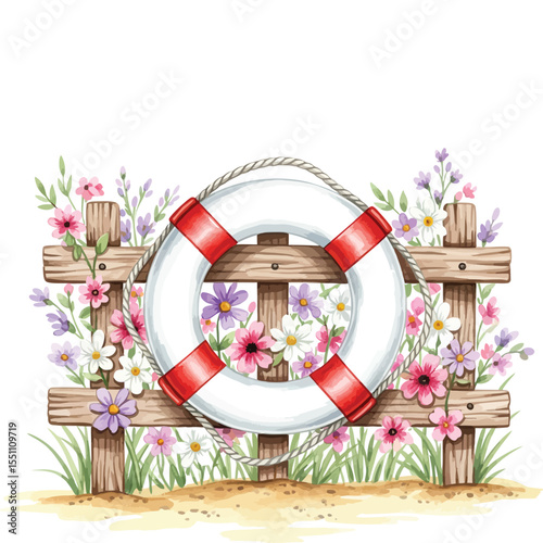 Vector illustration of, lifebuoy on Wooden Fence with Colorful Summer Flowers Watercolor