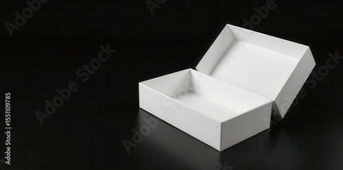 Sophisticated white rectangular gift box mockup, open and closed state, isolated on black , advertising, minimal