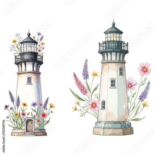 Vector illustration of, Watercolor Lighthouses with Wildflowers Collection