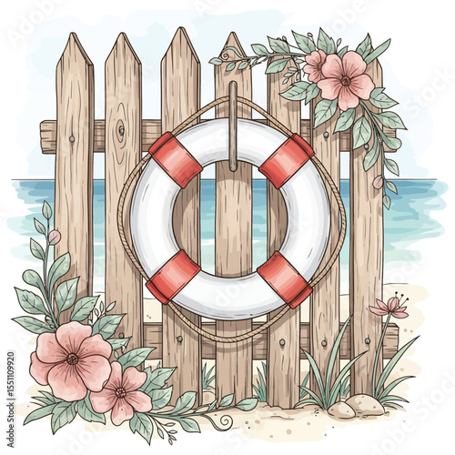 Vector illustration of, Watercolor Illustration of Beach Fence, Life Preserver, and Summer Blooms
