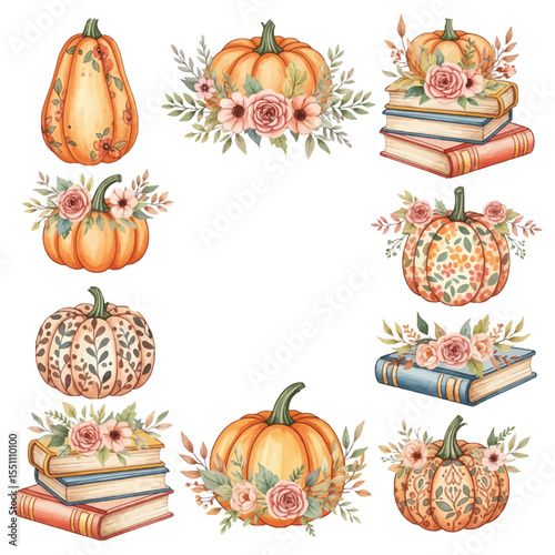 Autumn Pumpkin and Floral Arrangements with Books Watercolor Set Vector 