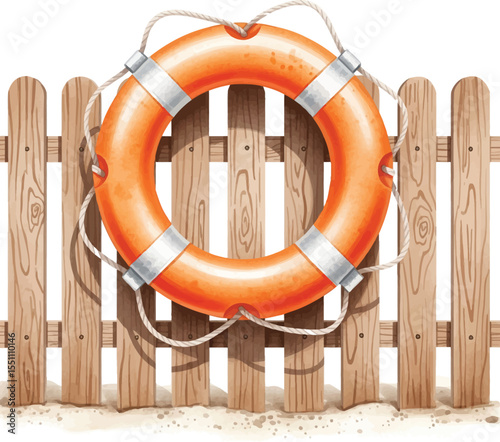 Lifebuoy Ring on Wooden Fence - Beach Safety Illustration