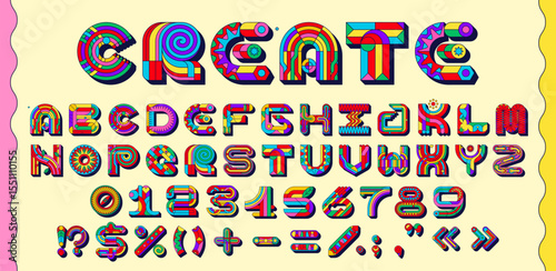 Funky groovy font, hippie typeface, color letters type, geometric English alphabet, abc numbers and signs with psychedelic patterns. Vector bright and vivid typeset with y2k retro nostalgic vibes