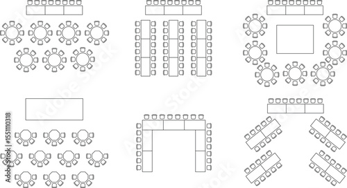 Seat plan icon set, House, restaurant, seminar, school, conference room, shop, top view, chair and table, architectural plan with blueprint, customizable stroke, vector, illustration