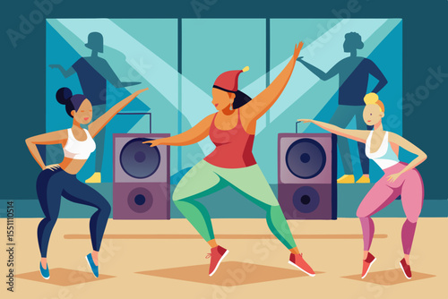 Energetic Zumba Fitness Class Graphic Design featuring diverse women dancing to upbeat music in a studio setting ideal for branding and website design