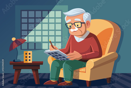 Senior Man Relaxing in Armchair Enjoying a Puzzle Book at Night a Cozy Home Scene Design