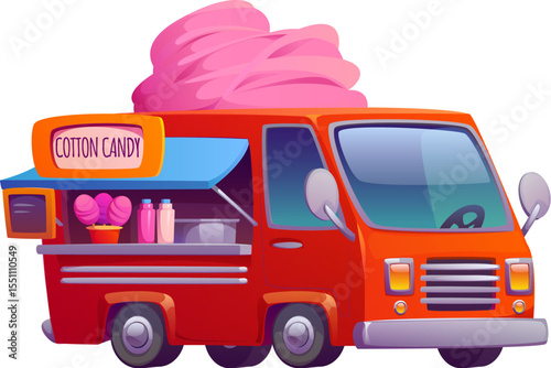 Cartoon candy cotton street food truck, vintage festival foodtruck van. Vector vending retro mobile vehicle features a giant pink cotton candy swirl on top, serving window and cooking equipment