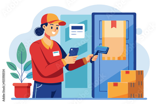 A cheerful delivery worker scans a package using a barcode scanner and smartphone app for efficient logistics and delivery services