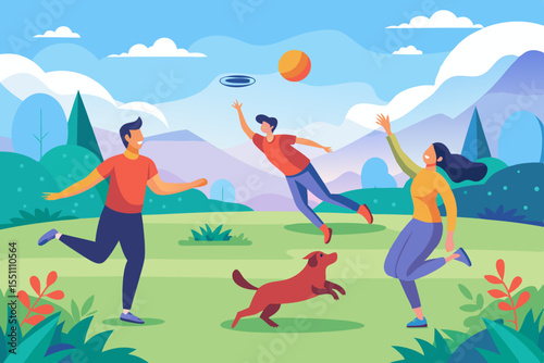 Happy friends playing frisbee with their dog in a vibrant park landscape design, perfect for branding or website graphics
