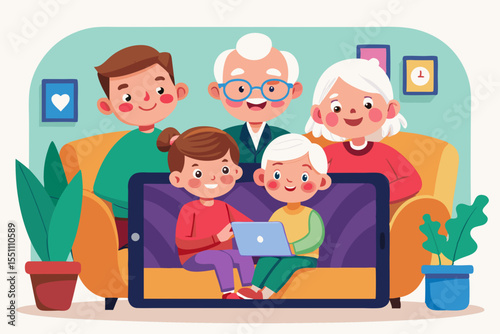 Happy Family Video Call Adorable Cartoon Grandparents Children Parents Smiling Modern Technology Connection
