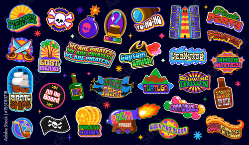 Y2k pirate and corsair groovy stickers, funky piratical patch labels. Vector retro set with skulls, coins, swords, ships, rum bottle, parrot, cannonball, treasure map, tropical islands and slogans