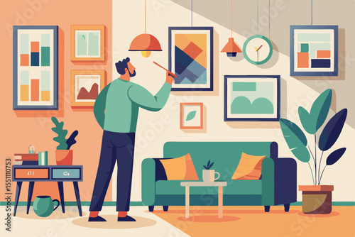 Stylish Home Decor Design Featuring a Man Hanging Artwork in a Modern Living Room with Plants and a Comfortable Sofa